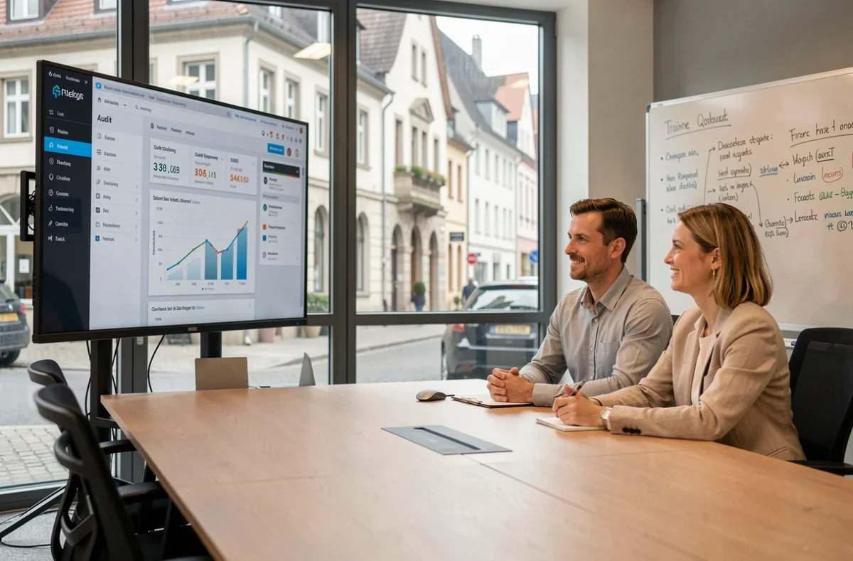 Réunion de stratégie SEO entre un consultant et un client dans un espace de coworking à Strasbourg