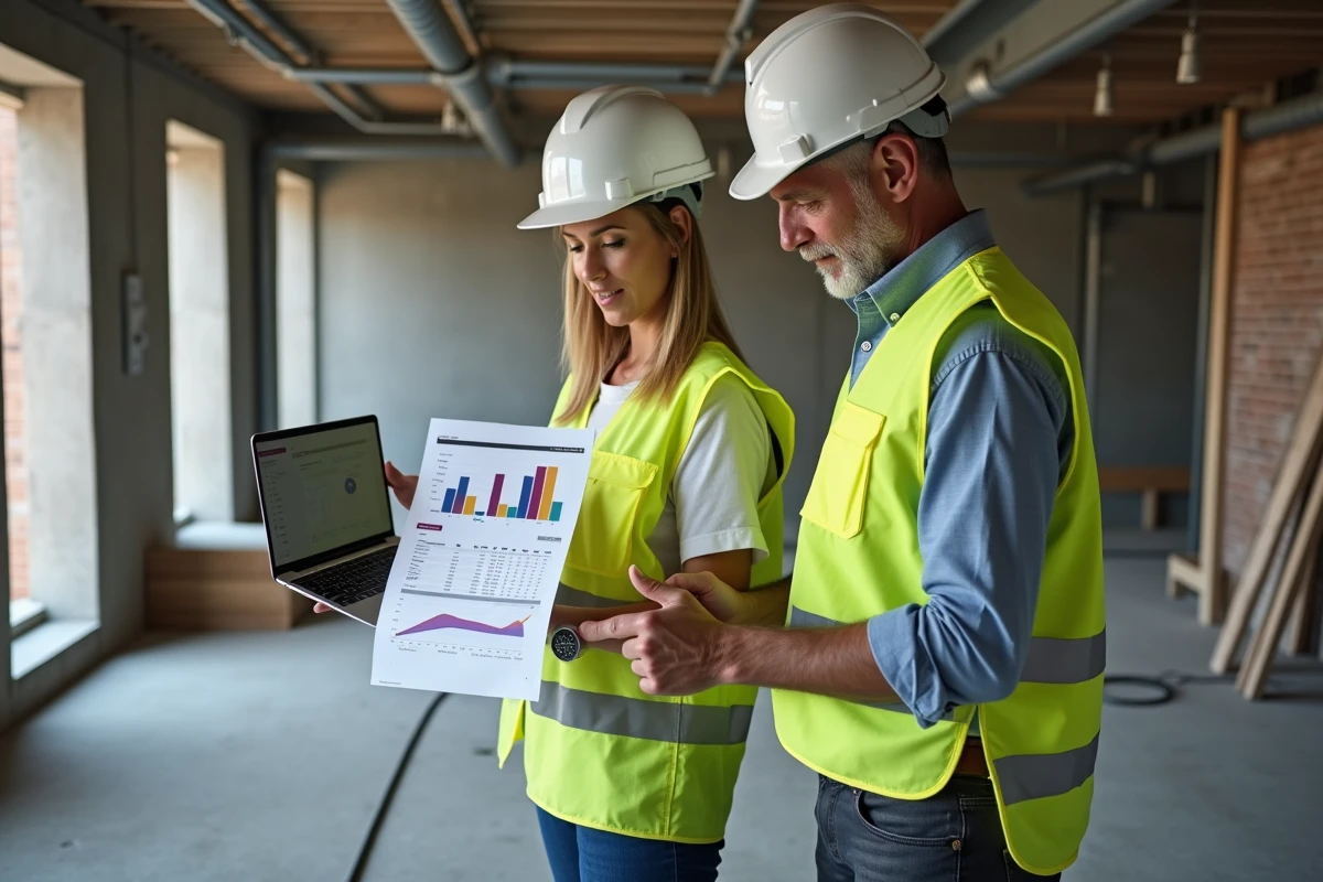 Deux professionnels du BTP analysant les prix et le suivi de chantier sur ordinateur portable