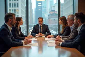 Groupe de chefs d'entreprise en réunion dans une salle moderne