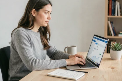 Femme concentrée se connectant à un outil de gestion de tâches sur son ordinateur portable dans un bureau minimaliste à domicile