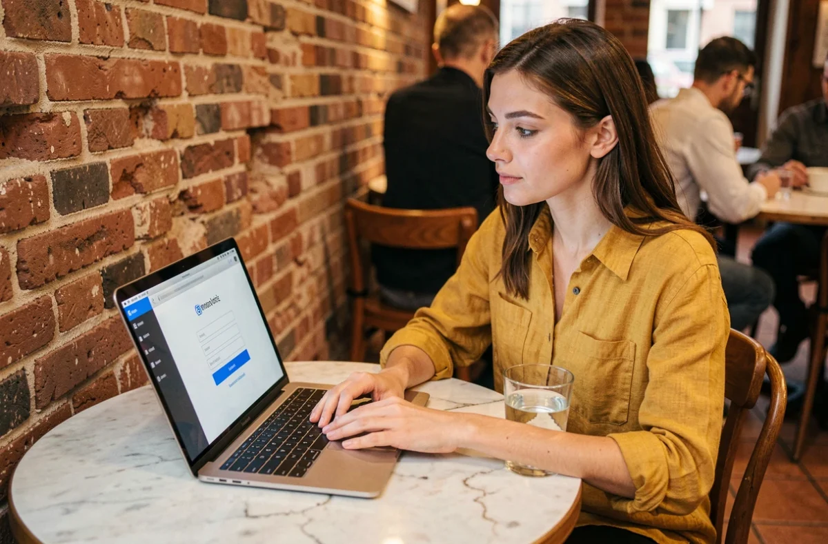 Jeune professionnelle travaillant sur un outil en ligne depuis un café urbain avec un ordinateur portable ouvert sur une interface de connexion