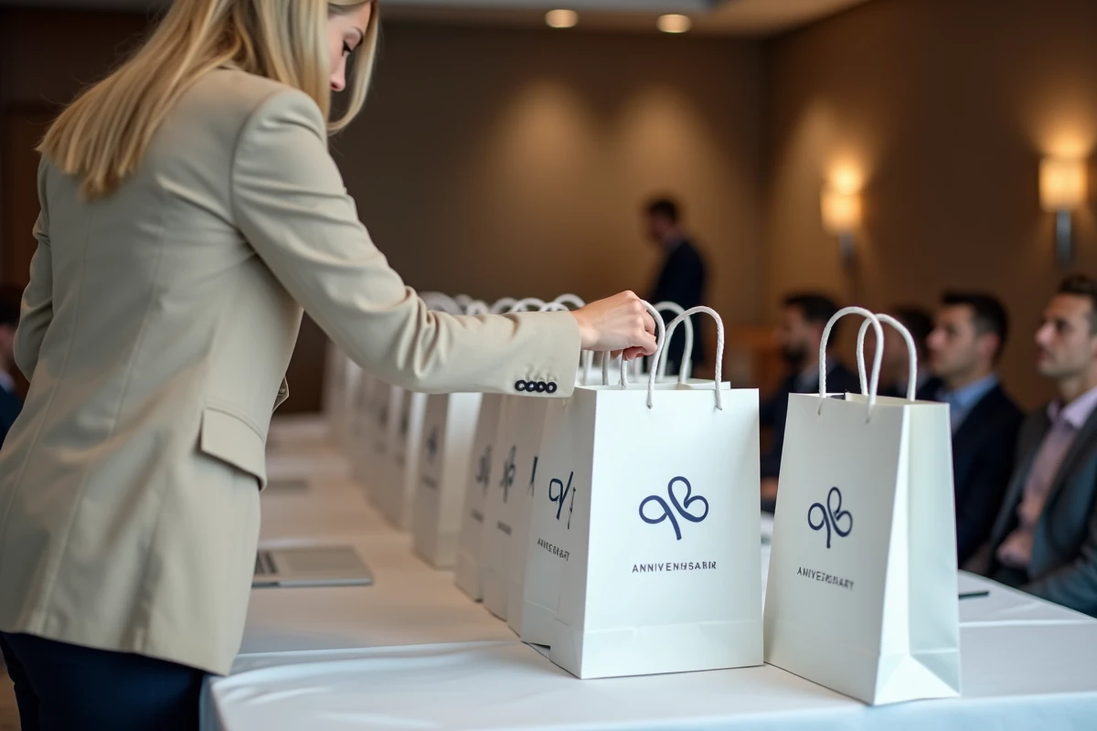 Organisatrice d'événement disposant des sachets papier personnalisés aux couleurs d'une entreprise lors d'une réception professionnelle
