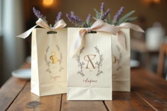 Sachets papier personnalisés avec monogramme doré et décoration florale pour mariage posés sur une table en bois rustique