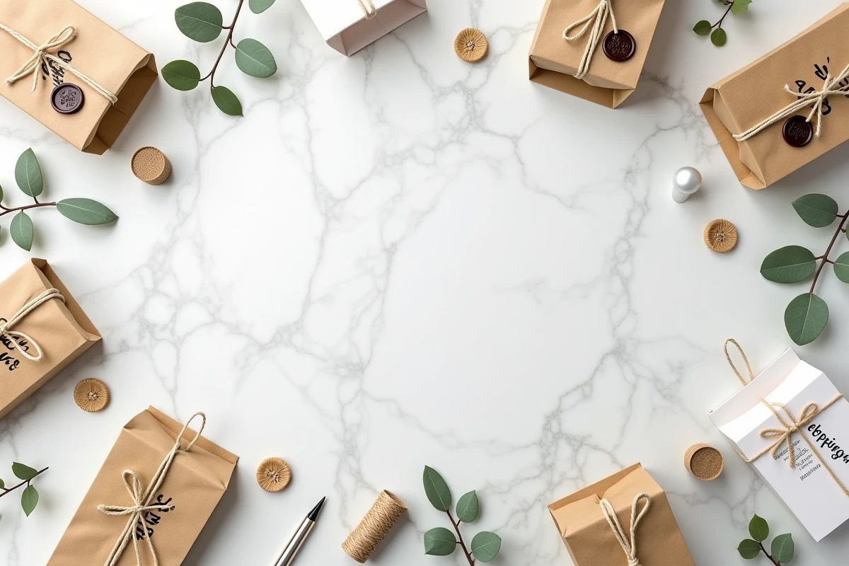 Vue aérienne de sachets papier personnalisés pour événements avec typographie manuscrite, cire à cacheter et accessoires de décoration sur marbre blanc