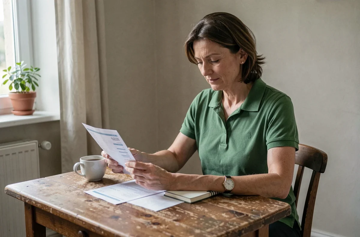 Femme examinant sa fiche de salaire ESAT à la maison, calcul du budget mensuel net