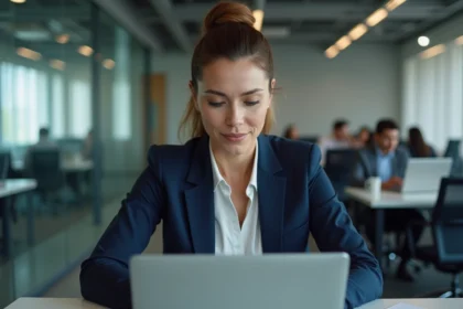 Femme cadre vérifiant la sécurité de ses opérations bancaires en ligne sur un ordinateur portable au bureau