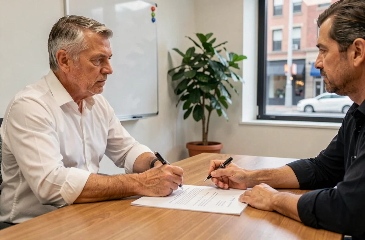 Agent contractuel de la fonction publique signant le renouvellement de son contrat face à un responsable des ressources humaines