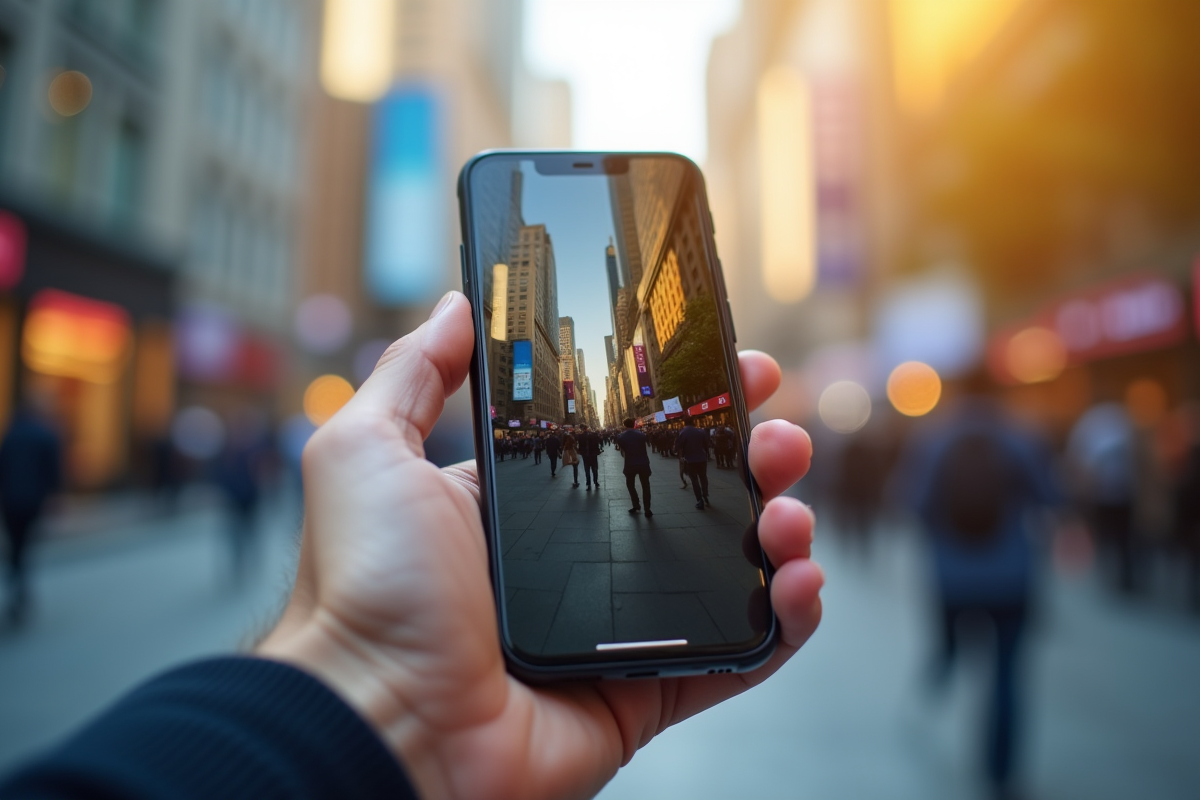 Smartphone affichant des avis positifs avec un paysage urbain en arrière-plan