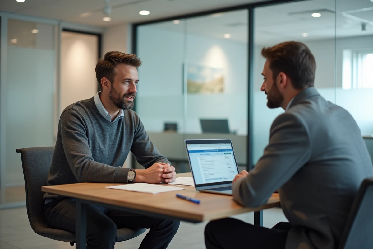 Chef d'entreprise en réunion avec un conseiller pour souscrire une assurance professionnelle Loop