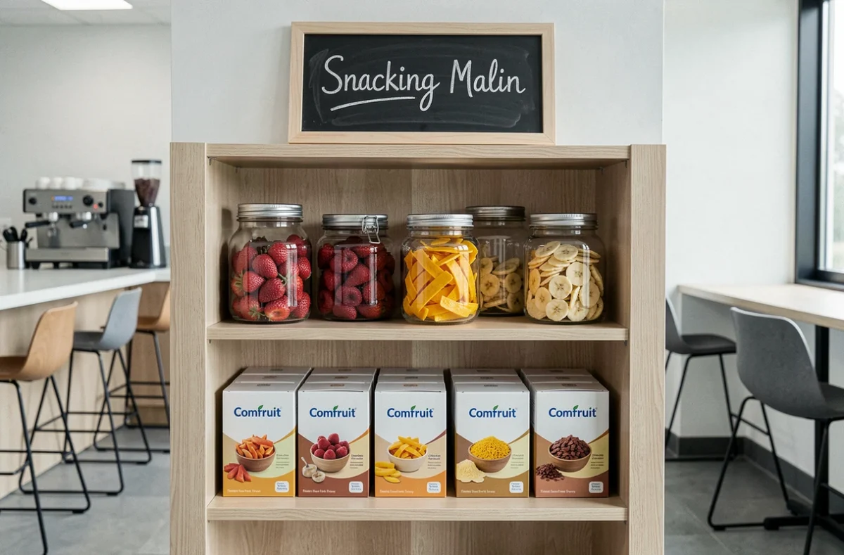 Station de snacking en entreprise avec des fruits déshydratés en bocaux et emballages Comfruit