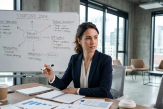 Responsable RH définissant la stratégie de marque employeur sur un tableau blanc dans un bureau moderne