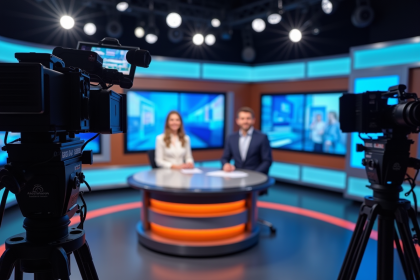 Présentateur souriant dans un studio télé local avec caméras