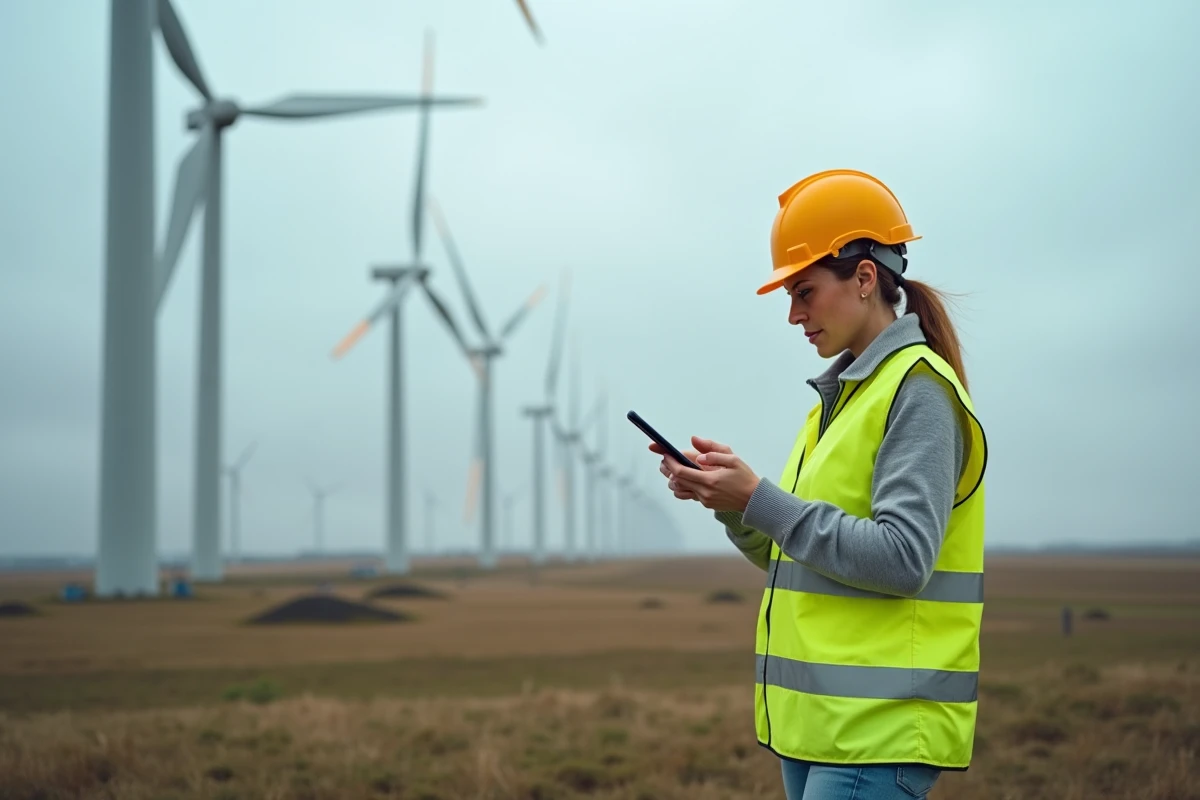 Superviseure de maintenance consultant une application mobile CMAO sur le terrain près d'éoliennes