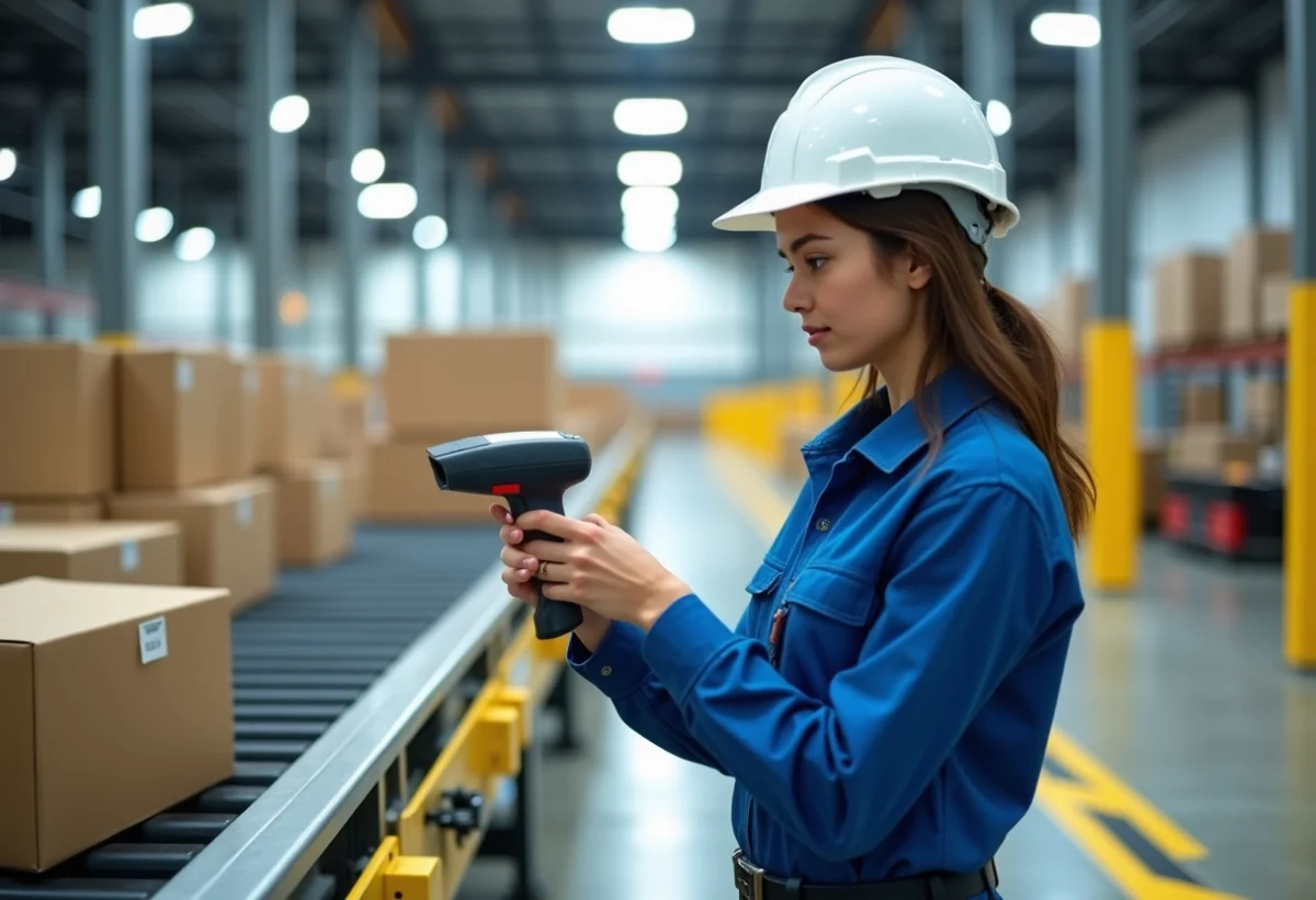 Jeune superviseure vérifiant un scanner dans un centre de distribution