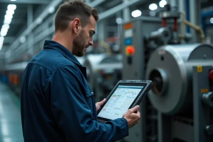 Technicien de maintenance industrielle utilisant une tablette mobile avec logiciel CMAO dans une usine