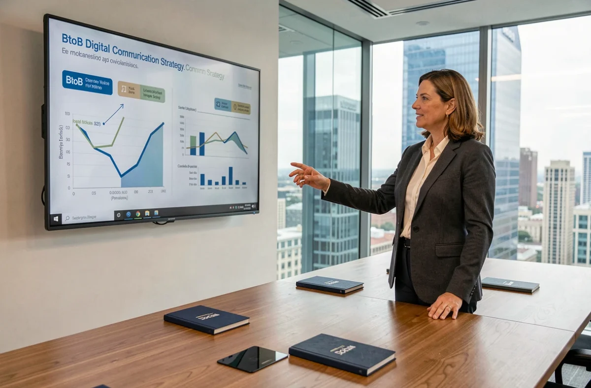 Consultante de l'agence Think Ad présentant une stratégie de communication digitale BtoB dans une salle de réunion professionnelle