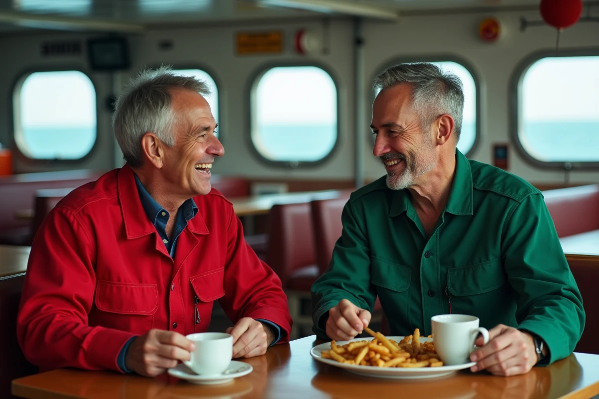 Deux travailleurs offshore en pause repas dans le réfectoire d'une plateforme pétrolière, illustrant la vie quotidienne et la convivialité entre collègues en mer