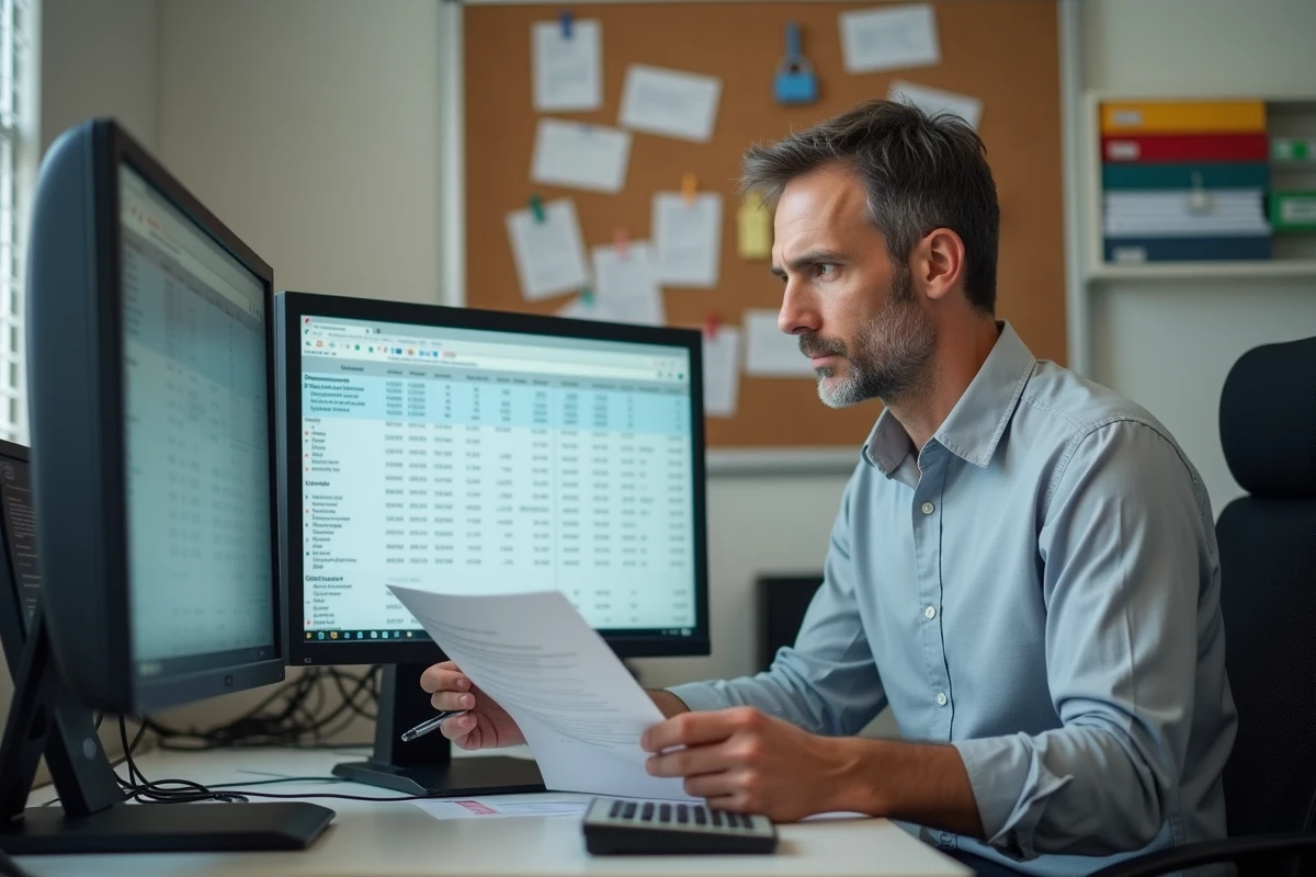 Trésorier d'établissement scolaire consultant un tableau de bord de trésorerie en ligne sécurisé