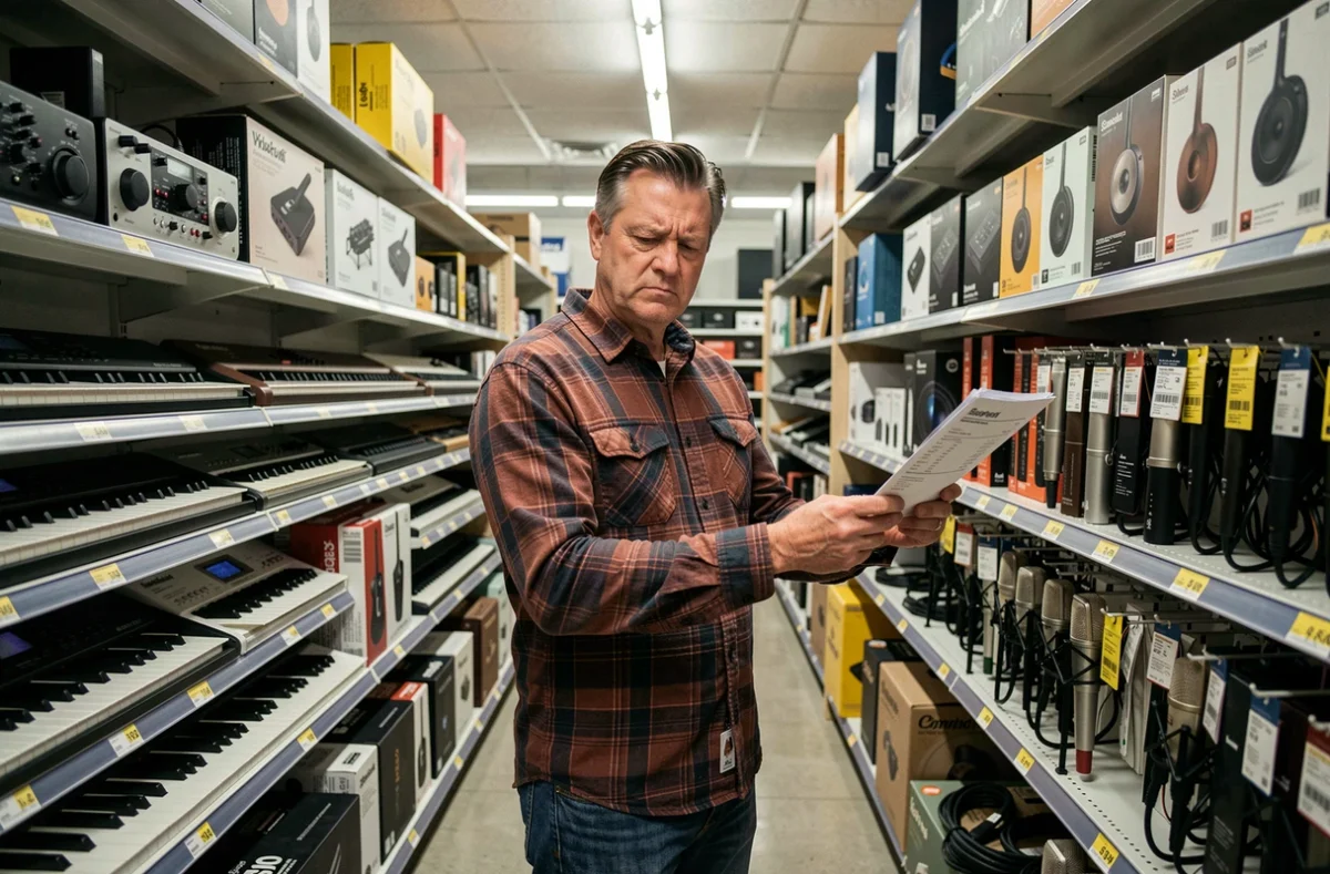 Musicien vérifiant une facture Thomann face aux produits exposés dans un magasin d'instruments de musique