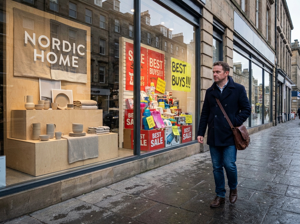 Vitrine de magasin illustrant le contraste entre une identité visuelle cohérente et une communication graphique désorganisée