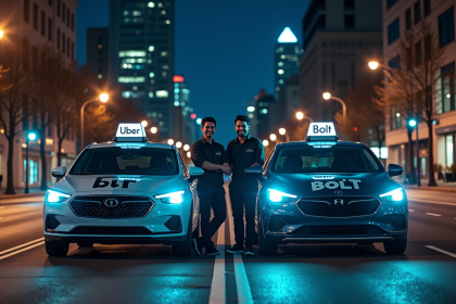 Deux voitures de covoiturage Uber et Bolt garées la nuit en ville avec conducteurs souriants