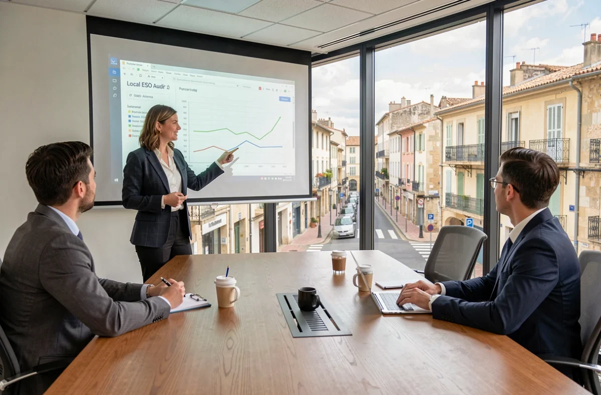 Spécialiste SEO de Webalia présentant un audit de référencement local à des collègues dans une salle de réunion professionnelle