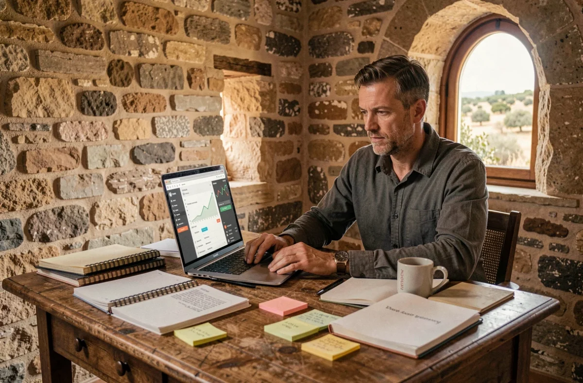 Webmaster freelance du Gard travaillant depuis un bureau artisanal en pierre sur l'optimisation SEO d'un site WordPress